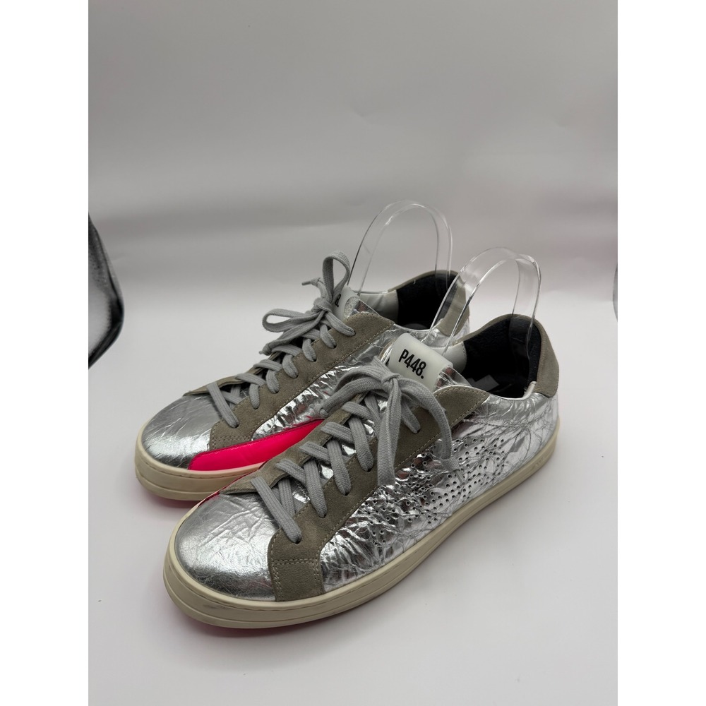 P448 John Sneakers Women 40 Silver Neon Pink Metallic Leather Low Top Italy